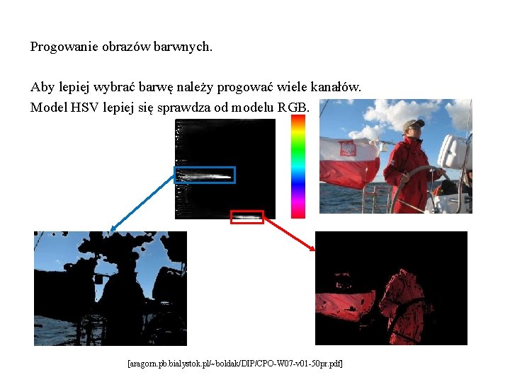 Progowanie obrazów barwnych. Aby lepiej wybrać barwę należy progować wiele kanałów. Model HSV lepiej