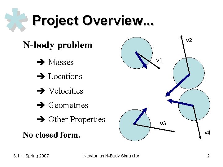 * Project Overview. . . v 2 N-body problem v 1 Masses Locations Velocities