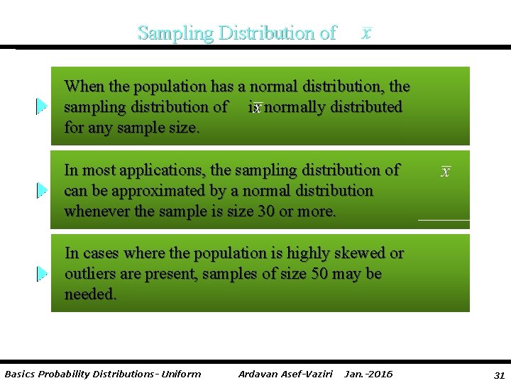 Sampling Distribution of When the population has a normal distribution, the sampling distribution of