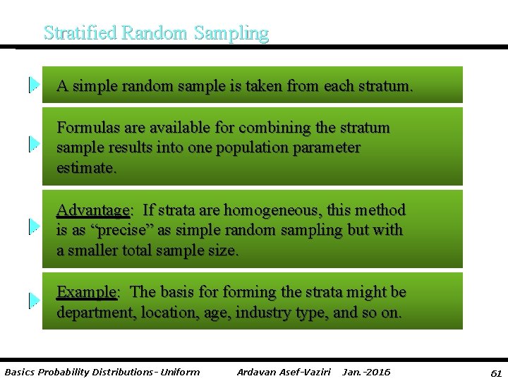 Stratified Random Sampling A simple random sample is taken from each stratum. Formulas are
