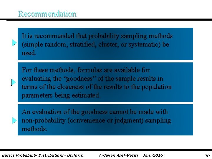 Recommendation It is recommended that probability sampling methods (simple random, stratified, cluster, or systematic)