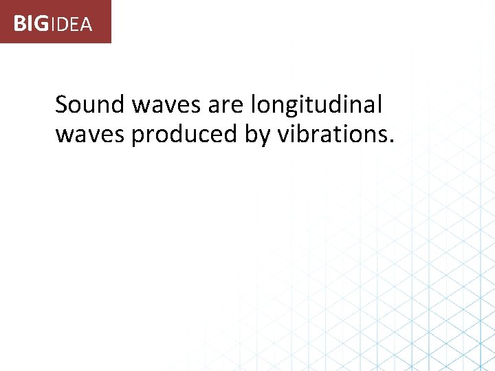 BIGIDEA Sound waves are longitudinal waves produced by vibrations. BIGIDEA Sound waves are longitudinal waves produced by vibrations.