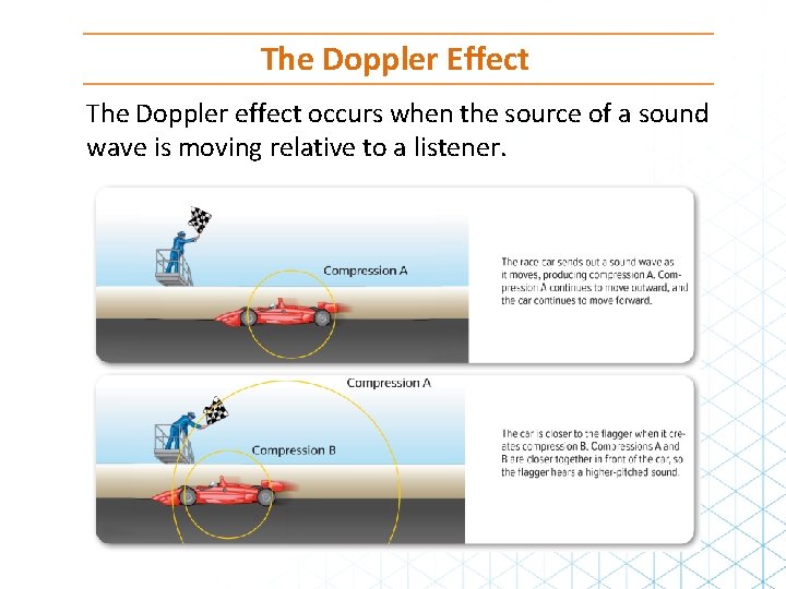 The Doppler Effect The Doppler effect occurs when the source of a sound wave