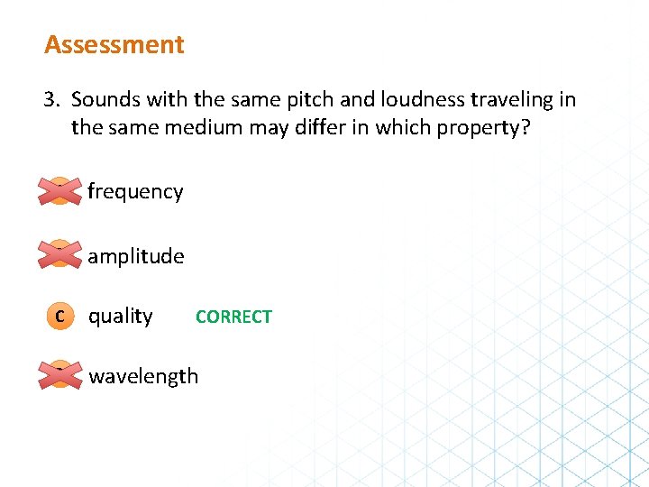 Assessment 3. Sounds with the same pitch and loudness traveling in the same medium