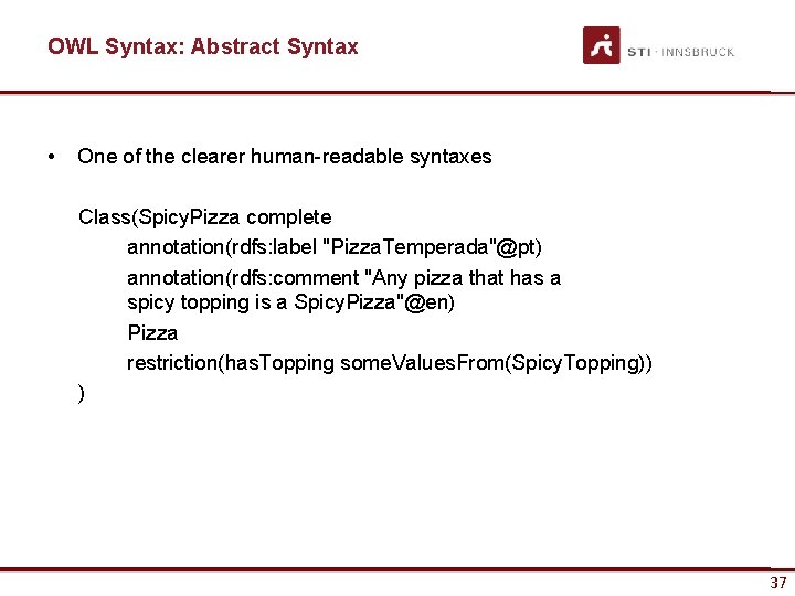 OWL Syntax: Abstract Syntax • One of the clearer human-readable syntaxes Class(Spicy. Pizza complete