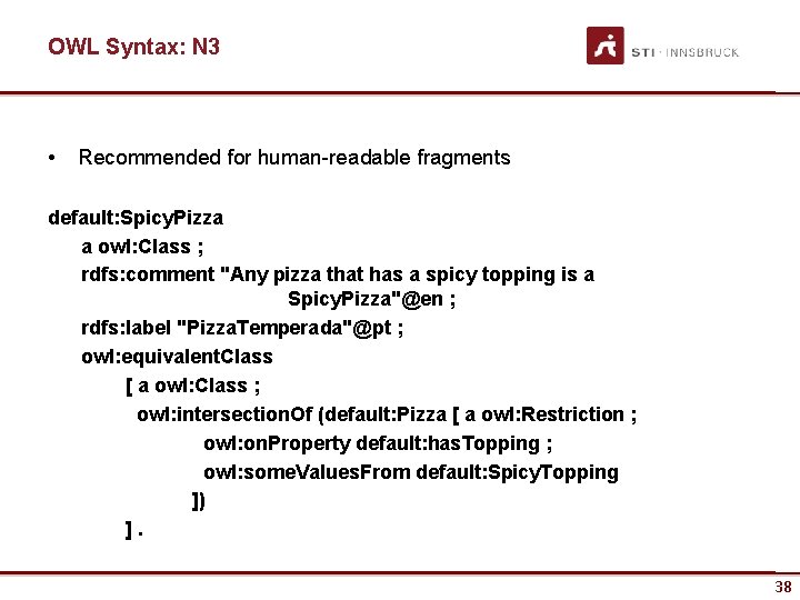 OWL Syntax: N 3 • Recommended for human-readable fragments default: Spicy. Pizza a owl: