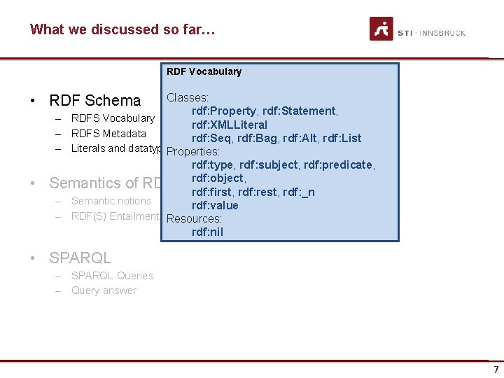 What we discussed so far… RDF Vocabulary • RDF Schema • Classes: rdf: Property,