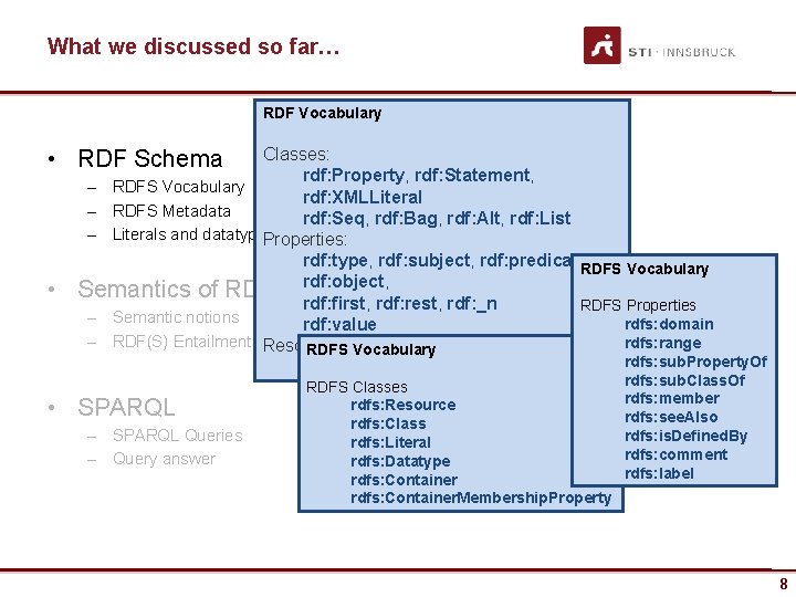 What we discussed so far… RDF Vocabulary • RDF Schema • Classes: rdf: Property,