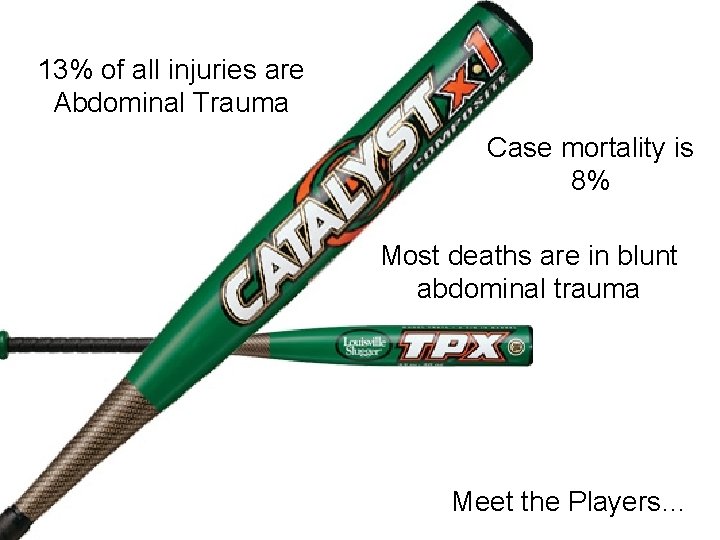 13% of all injuries are Abdominal Trauma Case mortality is 8% Most deaths are