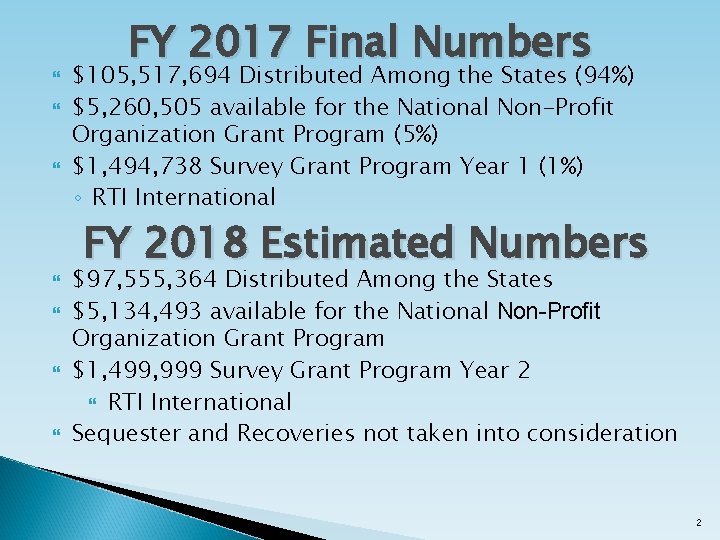  FY 2017 Final Numbers $105, 517, 694 Distributed Among the States (94%) $5,