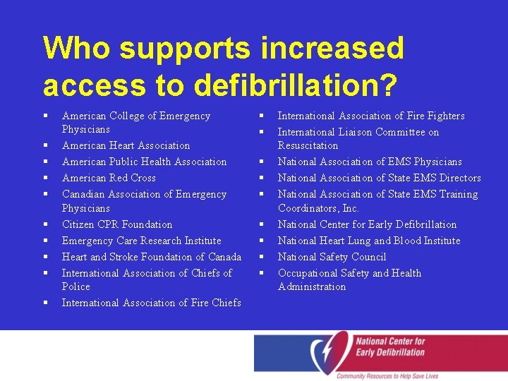 Who supports increased access to defibrillation? § § § § § American College of
