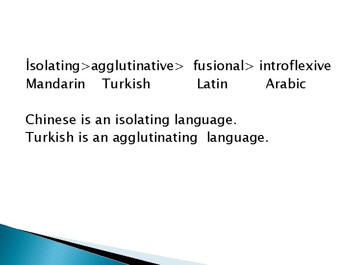 İsolating>agglutinative> fusional> introflexive Mandarin Turkish Latin Arabic Chinese is an isolating language. Turkish is