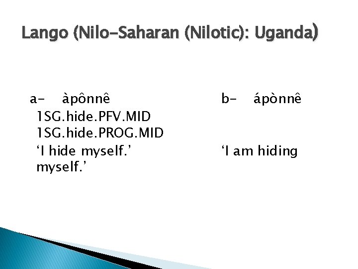 Lango (Nilo-Saharan (Nilotic): Uganda) a- àpônnê 1 SG. hide. PFV. MID 1 SG. hide.