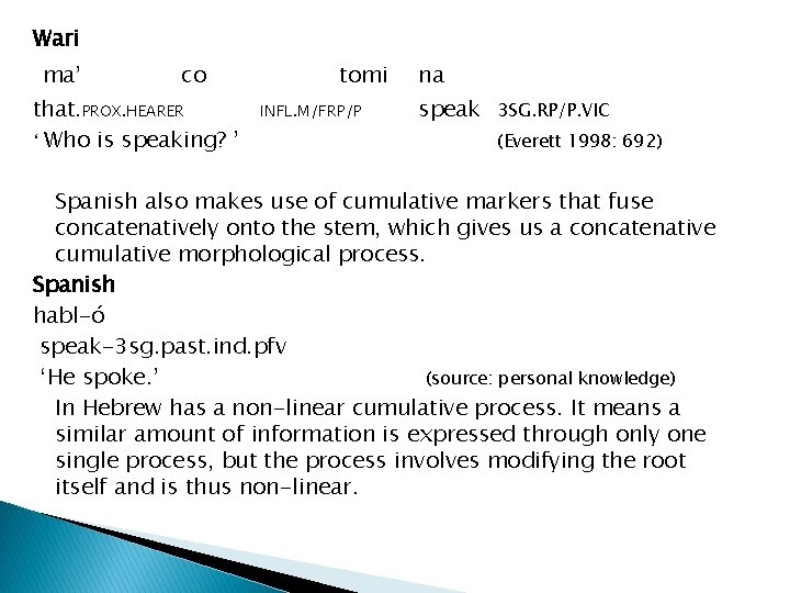 Wari ma’ co that. PROX. HEARER ‘ Who is speaking? ’ tomi INFL. M/FRP/P