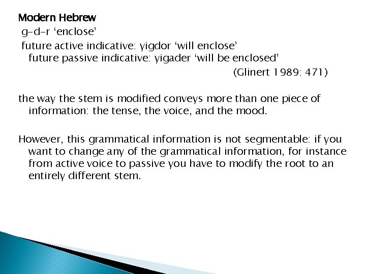 Modern Hebrew g-d-r ‘enclose’ future active indicative: yigdor ‘will enclose’ future passive indicative: yigader