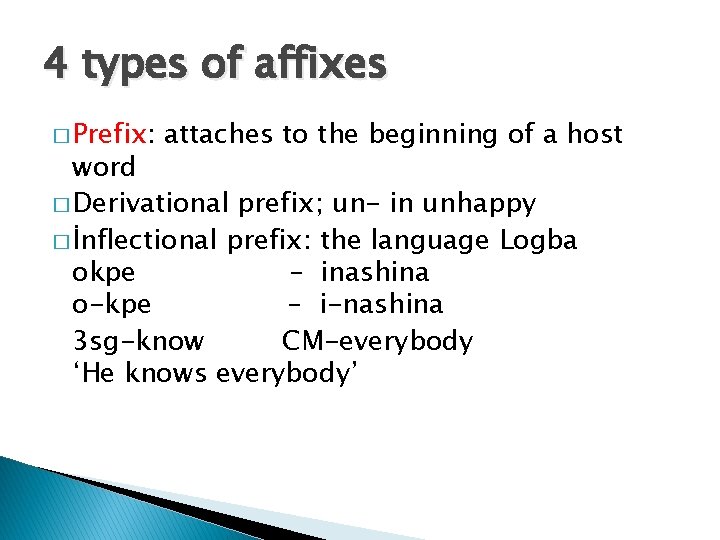 4 types of affixes � Prefix: attaches to the beginning of a host word