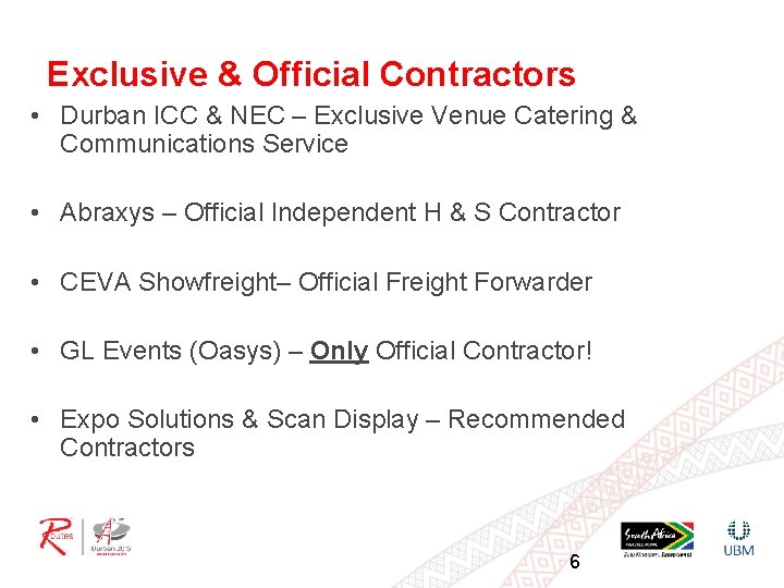 Exclusive & Official Contractors • Durban ICC & NEC – Exclusive Venue Catering &