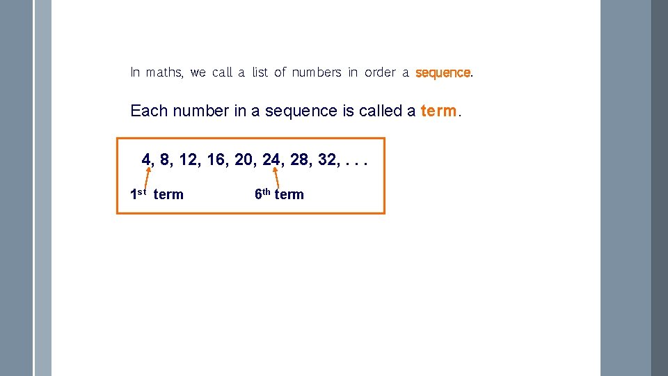 In maths, we call a list of numbers in order a sequence. Each number