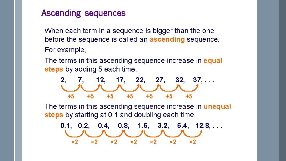 Ascending sequences When each term in a sequence is bigger than the one before