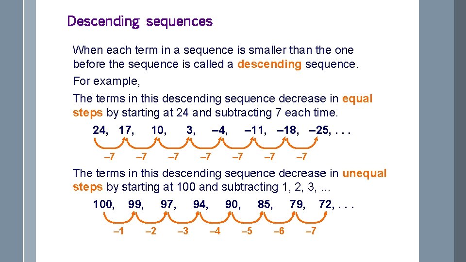 Descending sequences When each term in a sequence is smaller than the one before