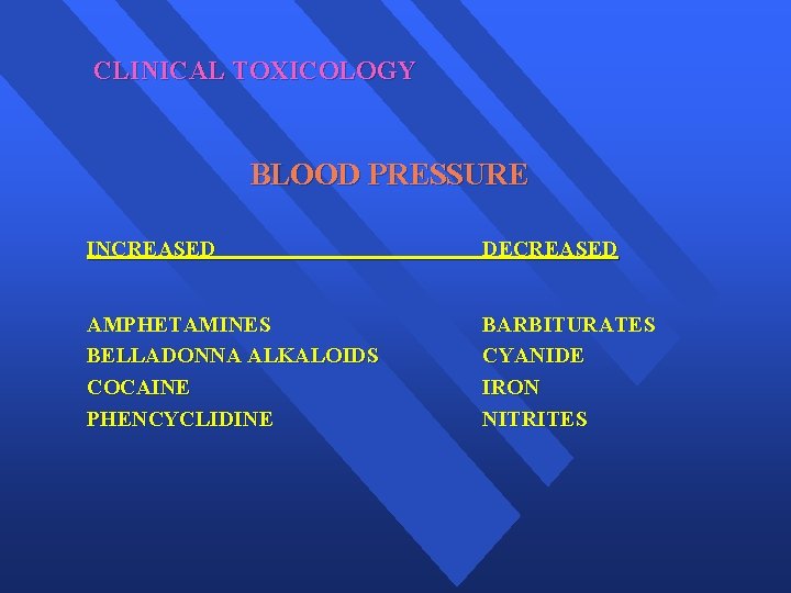 CLINICAL TOXICOLOGY BLOOD PRESSURE INCREASED DECREASED AMPHETAMINES BELLADONNA ALKALOIDS COCAINE PHENCYCLIDINE BARBITURATES CYANIDE IRON