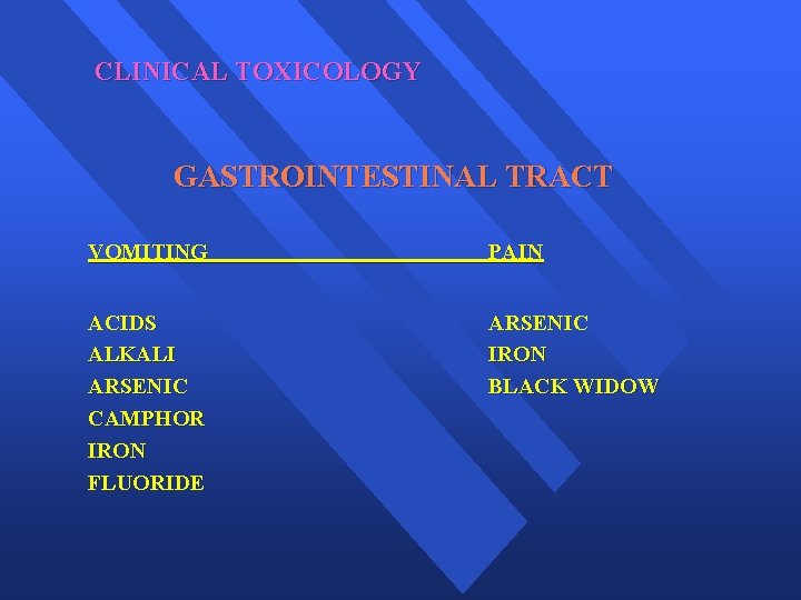 CLINICAL TOXICOLOGY GASTROINTESTINAL TRACT VOMITING PAIN ACIDS ALKALI ARSENIC CAMPHOR IRON FLUORIDE ARSENIC IRON