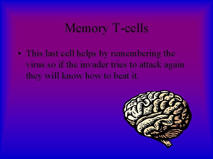 Memory T-cells • This last cell helps by remembering the virus so if the