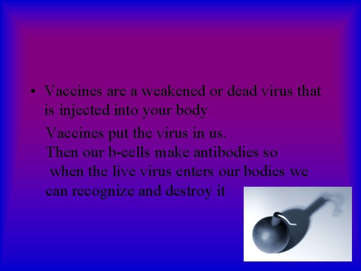  • Vaccines are a weakened or dead virus that is injected into your