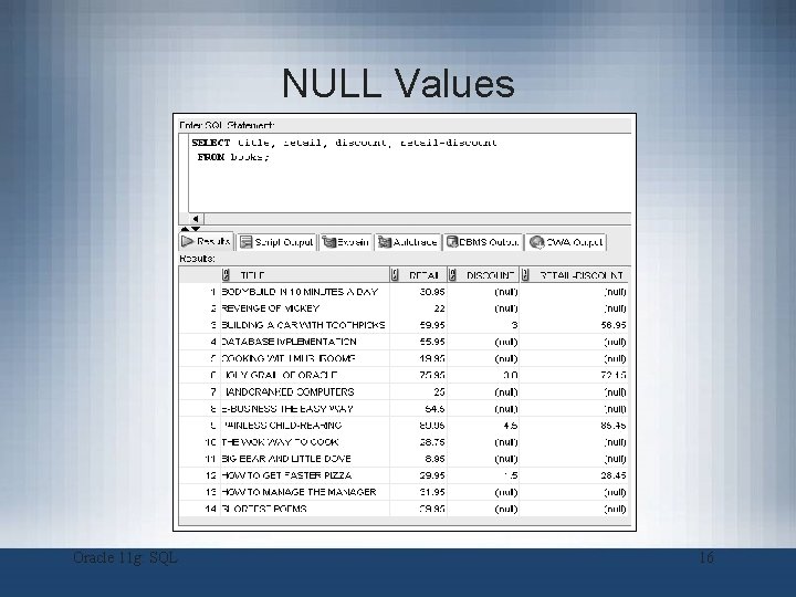 NULL Values Oracle 11 g: SQL 16 NULL Values Oracle 11 g: SQL 16