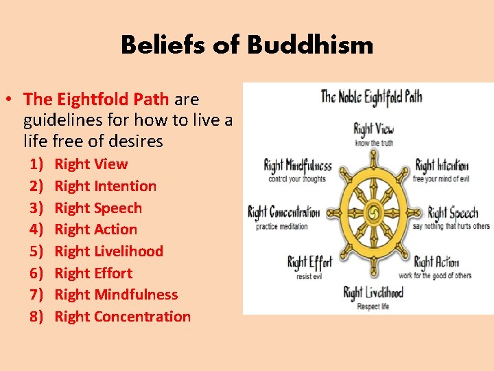 Beliefs of Buddhism • The Eightfold Path are guidelines for how to live a