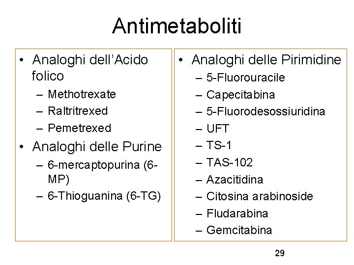 Antimetaboliti • Analoghi dell’Acido folico – Methotrexate – Raltritrexed – Pemetrexed • Analoghi delle