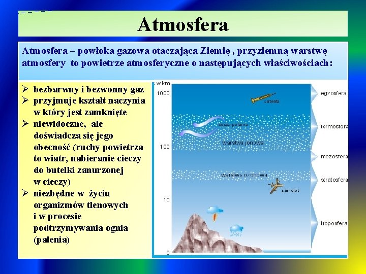 Atmosfera – powłoka gazowa otaczająca Ziemię , przyziemną warstwę atmosfery to powietrze atmosferyczne o