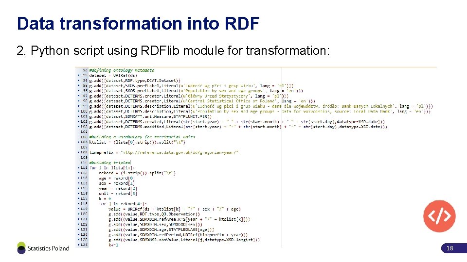 Data transformation into RDF 2. Python script using RDFlib module for transformation: 18 