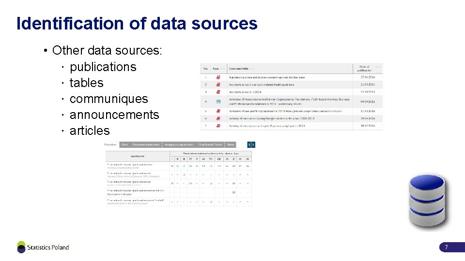 Identification of data sources • Other data sources: · publications · tables · communiques
