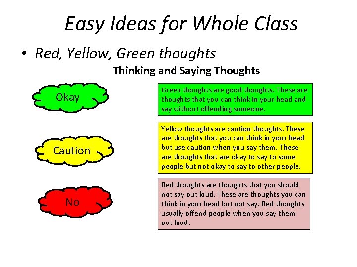 Easy Ideas for Whole Class • Red, Yellow, Green thoughts Thinking and Saying Thoughts