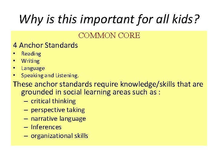 Why is this important for all kids? COMMON CORE 4 Anchor Standards • •