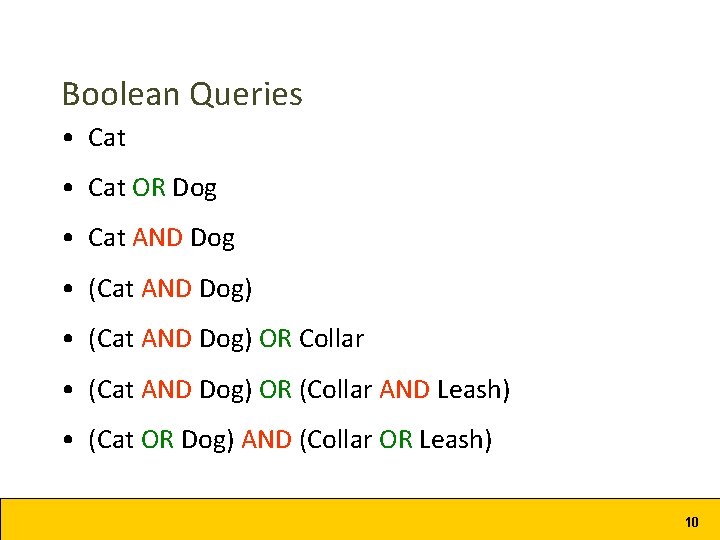 Boolean Queries • Cat OR Dog • Cat AND Dog • (Cat AND Dog)