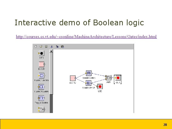 Interactive demo of Boolean logic http: //courses. cs. vt. edu/~csonline/Machine. Architecture/Lessons/Gates/index. html 28 Interactive demo of Boolean logic http: //courses. cs. vt. edu/~csonline/Machine. Architecture/Lessons/Gates/index. html 28