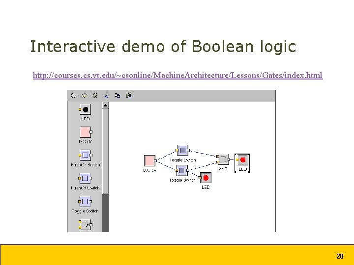 Interactive demo of Boolean logic http: //courses. cs. vt. edu/~csonline/Machine. Architecture/Lessons/Gates/index. html 28 