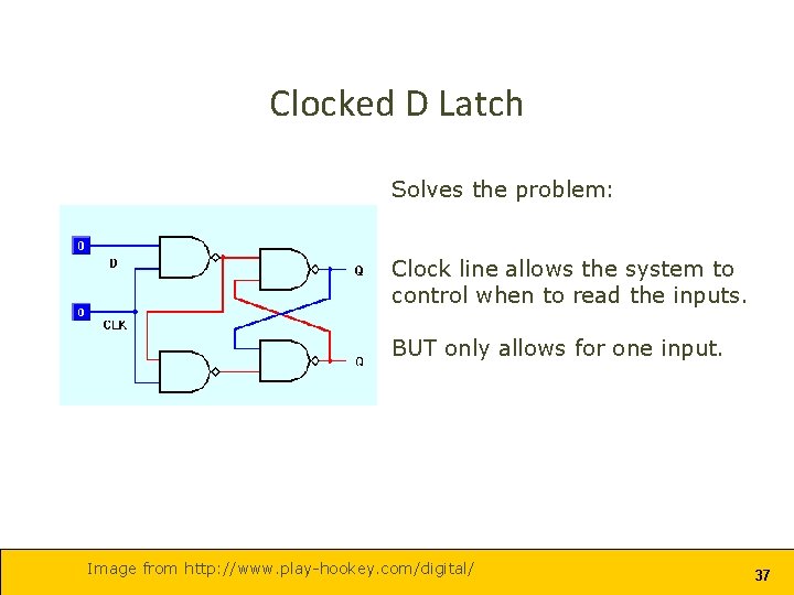 Clocked D Latch Solves the problem: Clock line allows the system to control when