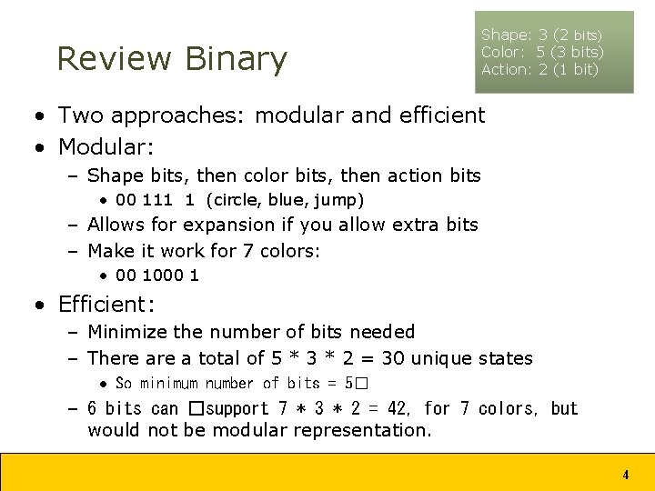 Review Binary Shape: 3 (2 bits) Color: 5 (3 bits) Action: 2 (1 bit) Review Binary Shape: 3 (2 bits) Color: 5 (3 bits) Action: 2 (1 bit)