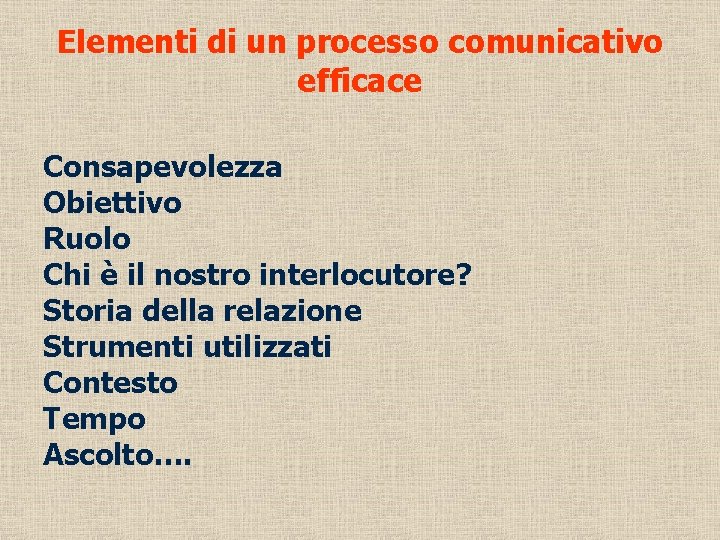 Elementi di un processo comunicativo efficace Consapevolezza Obiettivo Ruolo Chi è il nostro interlocutore?