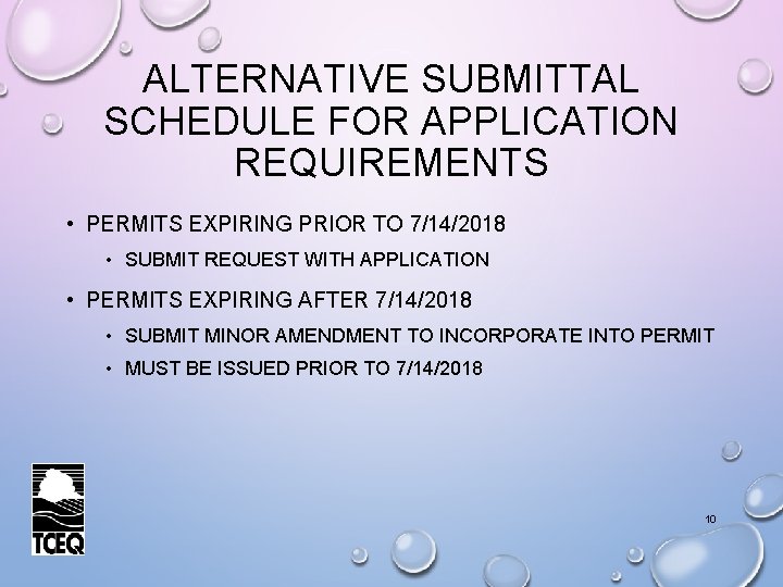 ALTERNATIVE SUBMITTAL SCHEDULE FOR APPLICATION REQUIREMENTS • PERMITS EXPIRING PRIOR TO 7/14/2018 • SUBMIT