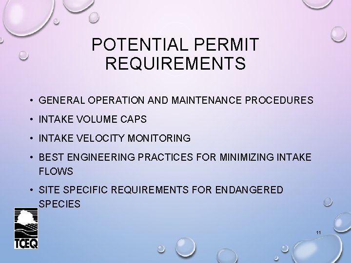 POTENTIAL PERMIT REQUIREMENTS • GENERAL OPERATION AND MAINTENANCE PROCEDURES • INTAKE VOLUME CAPS •