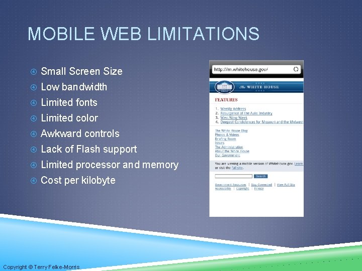 MOBILE WEB LIMITATIONS Small Screen Size Low bandwidth Limited fonts Limited color Awkward controls