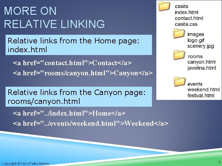 MORE ON RELATIVE LINKING Relative links from the Home page: index. html <a href="contact.