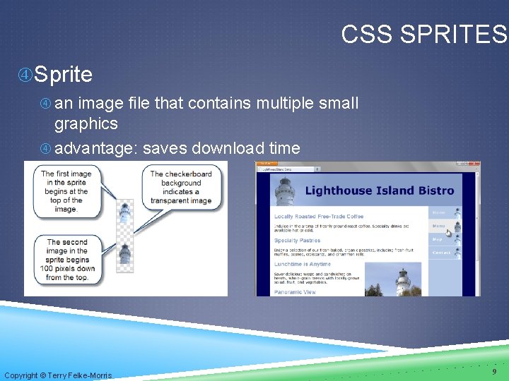 CSS SPRITES Sprite an image file that contains multiple small graphics advantage: saves download