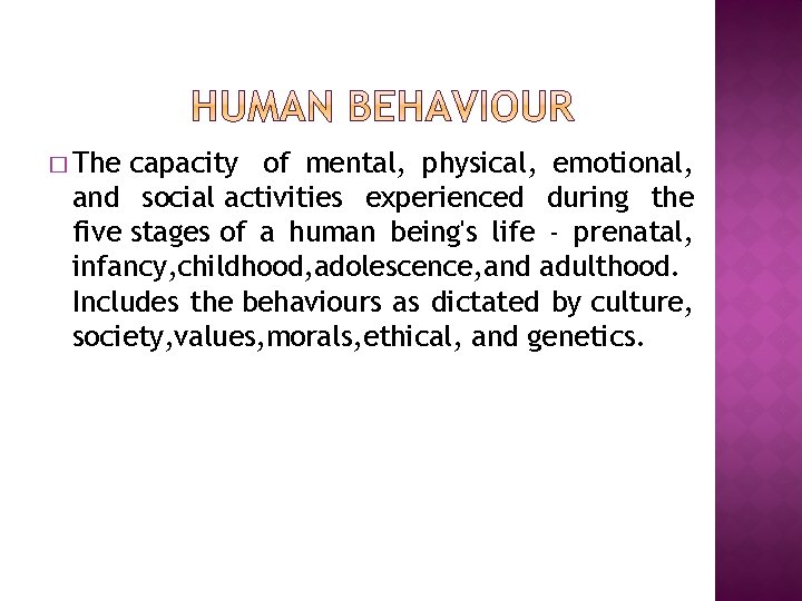 � The capacity of mental, physical, emotional, and social activities experienced during the five