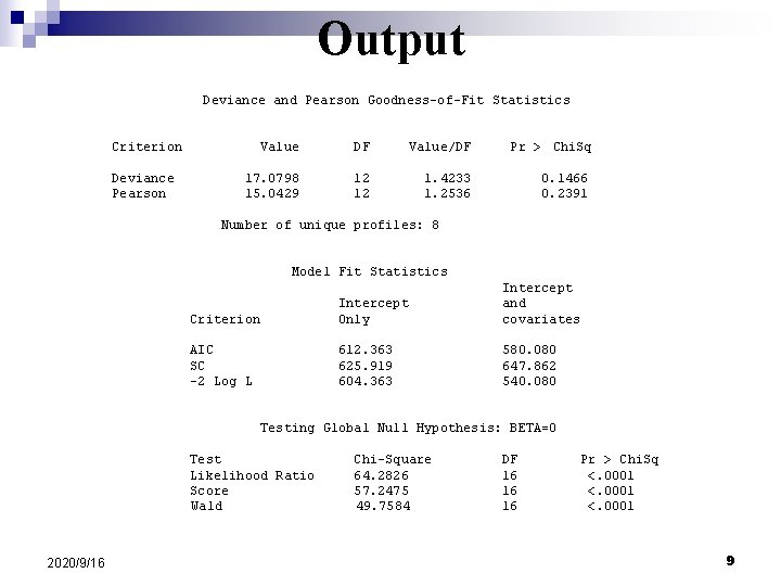 Output Deviance and Pearson Goodness-of-Fit Statistics Criterion Deviance Pearson Value DF Value/DF Pr >