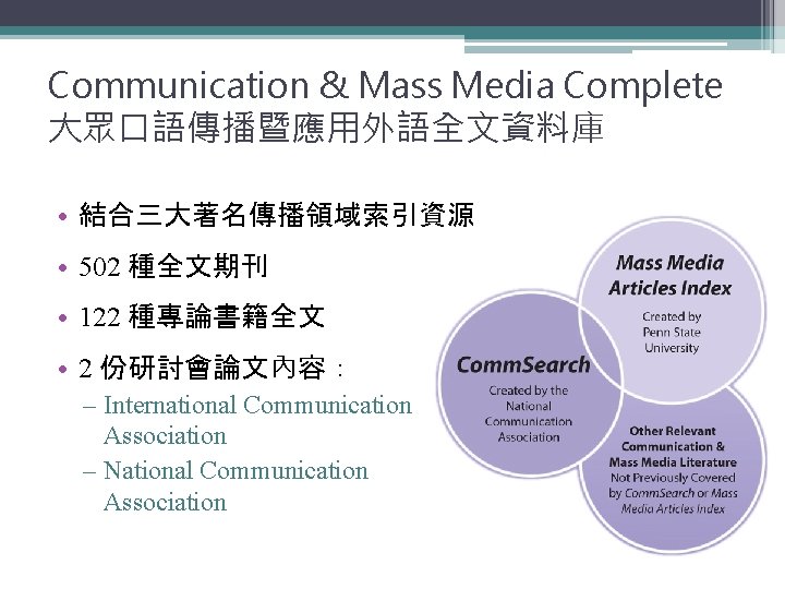 Communication & Mass Media Complete 大眾口語傳播暨應用外語全文資料庫 • 結合三大著名傳播領域索引資源 • 502 種全文期刊 • 122 種專論書籍全文